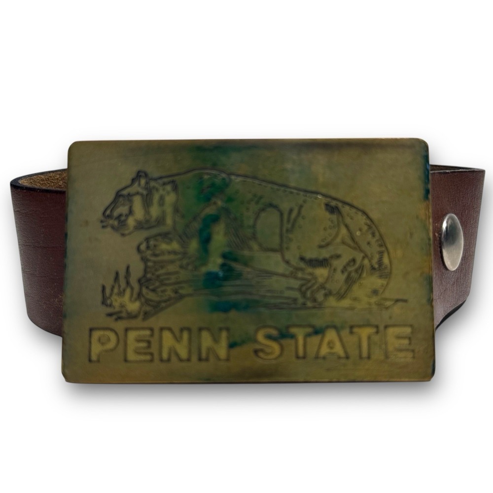 Vintage Penn State University‎ Nittany Lions Brass Buckle Brown Leather Belt